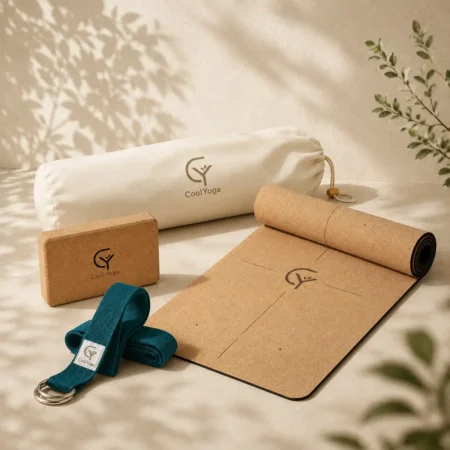 Zestaw do jogi CoolYoga Nature Start z matą korkową, kostką, paskiem i torbą