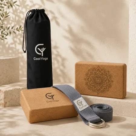 Zestaw akcesoriów CoolYoga Essentials z dwiema kostkami, paskiem Slate Grey i torbą Midnight Black