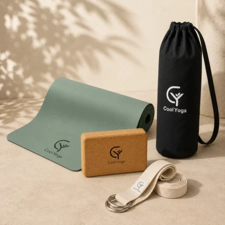 Zestaw do jogi CoolYoga Grip Start z matą PU Sage Green, kostką, paskiem Warm Ivory i torbą Midnight Black