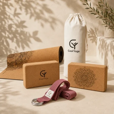 Zestaw do jogi CoolYoga Nature Complete z matą korkową Mandala, dwiema kostkami, paskiem Dusty Rose i torbą Natural Ivory