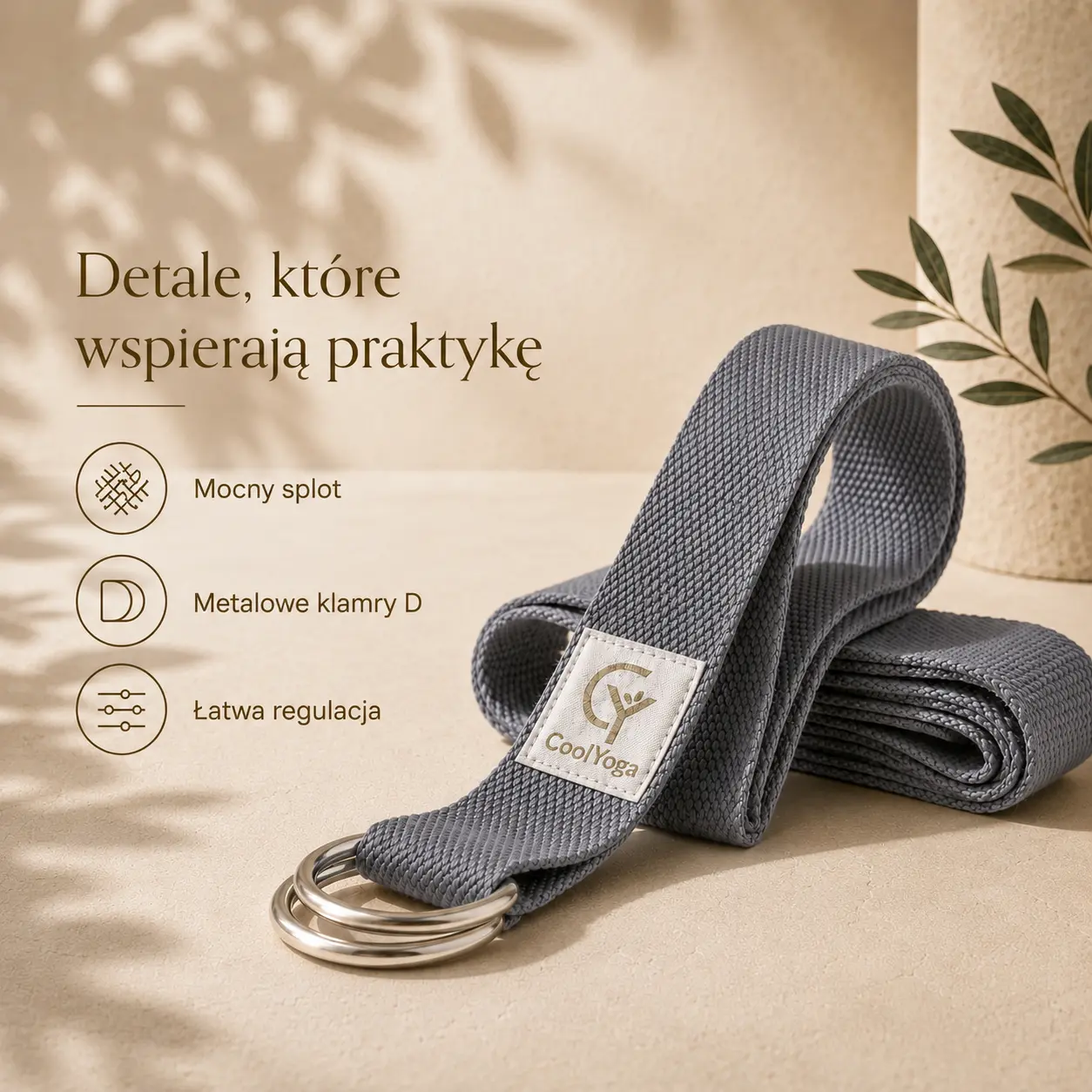 Pasek do jogi CoolYoga Slate Grey – mocny splot, klamry D i regulacja