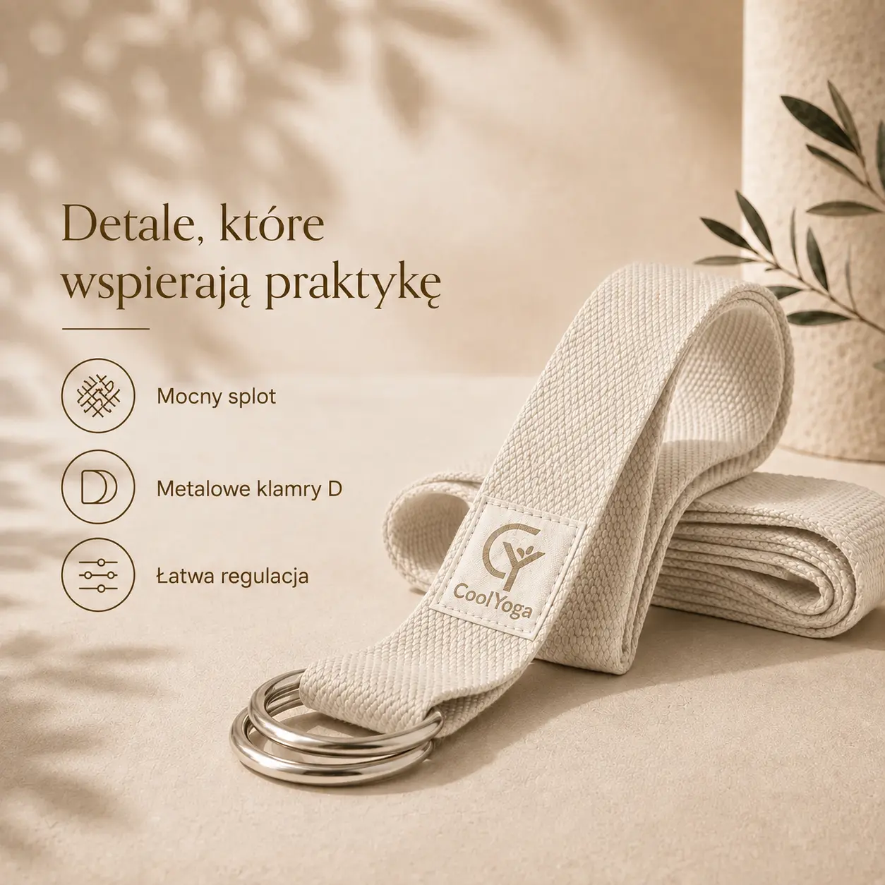 Pasek do jogi CoolYoga Warm Ivory – mocny splot, klamry D i regulacja